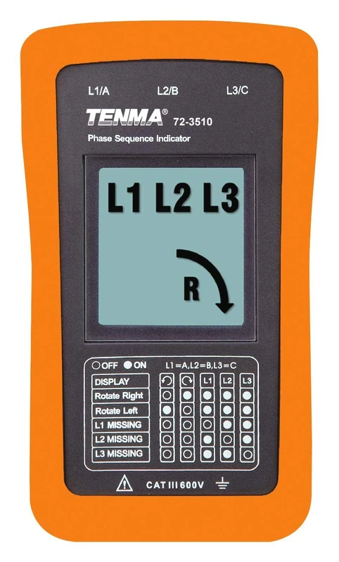 TENMA Phase Sequence & Motor Rotation Meter – 690V AC, LCD Display, Missing Phase & Motor Rotation Detection – 72-3515