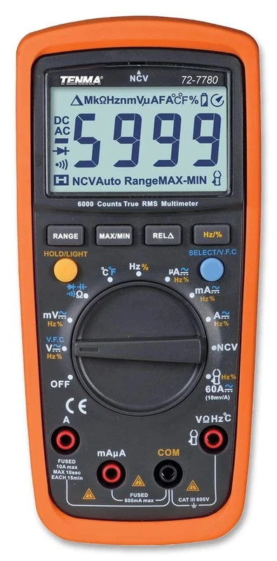 Tenma 72-7780 600 V AC/DC True RMS Digital Multimeter with NCV, Orange