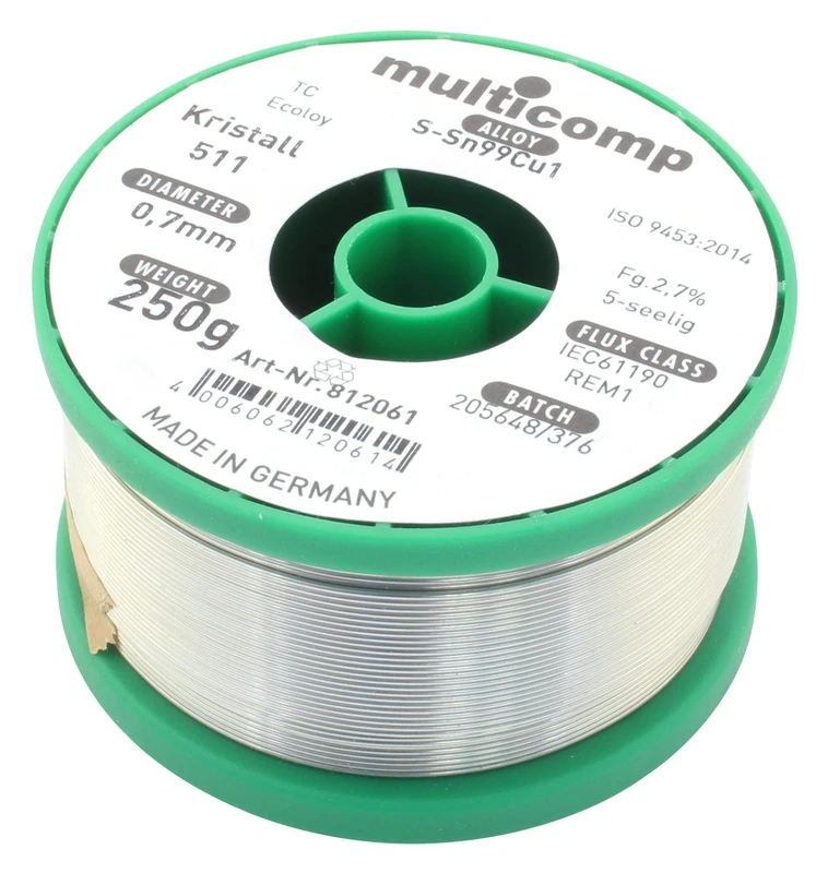 MULTICOMP PRO Lead-Free Solder Wire, 0.7mm, 250g – 99.3% Tin, 0.7% Copper, No-Clean Rosin Flux, 227°C Melting Point