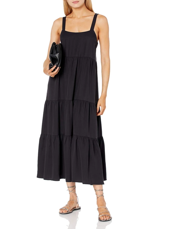 The Drop Women's Britt Tiered Maxi Tent Dress, Black, M