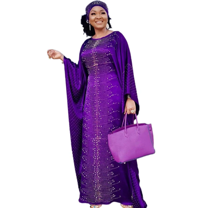 HD Long African Dresses for Women Fashion Beading Rhinestone Kaftan Maxi Dress, Purple, One Size