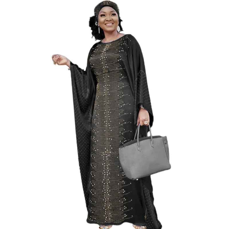 HD Long African Dresses for Women Fashion Beading Rhinestone Kaftan Maxi Dress, Black, One Size