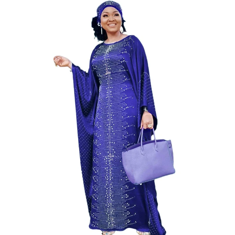 HD Long African Dresses for Women Fashion Beading Rhinestone Kaftan Maxi Dress, Blue, One Size