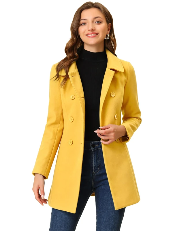 Allegra K Women's Peter Pan Collar Double Breasted Winter Long Trench Pea Coat, Mustard Yellow, M