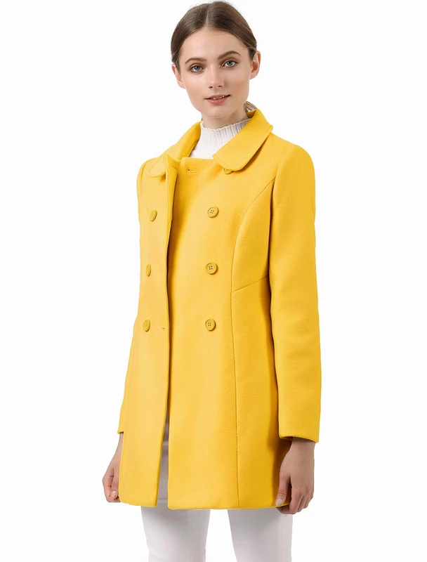Allegra K Women's Peter Pan Collar Double Breasted Winter Long Trench Pea Coat - Yellow - Small