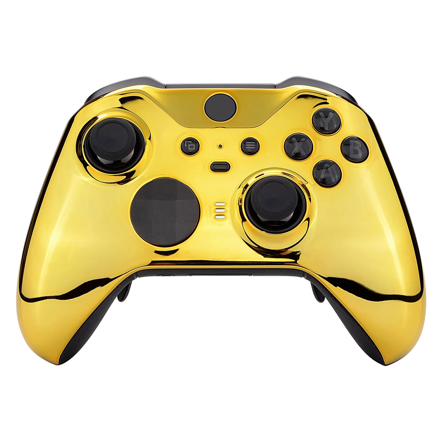 eXtremeRate Chrome Gold Edition Glossy Faceplate Cover, Front Housing Shell Case Replacement Kit for Xbox One Elite Series 2 Controller Model 1797 - Thumbstick Accent Rings Included