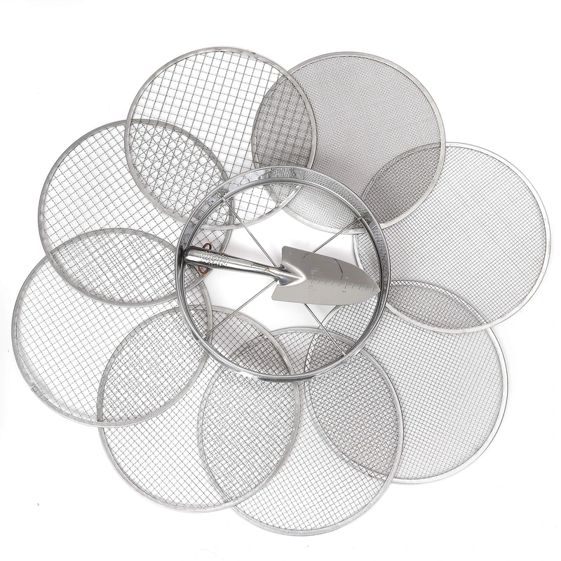 Practicool garden potting mix sieve - stainless steel riddle - soil sifting pan - with 8 interchangeable filter mesh sizes - 2,3,4,6,7,9,11,12 mm and bonus spade