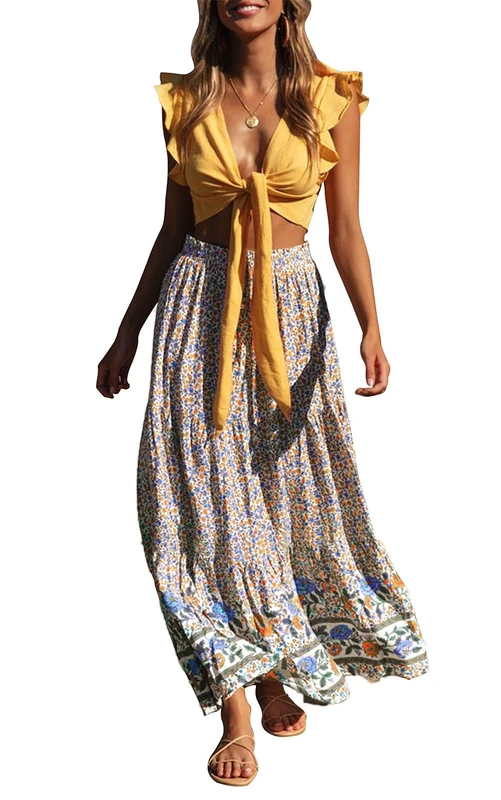 ZESICA Women's Summer Bohemian Floral Printed Elastic Waist A Line Maxi Skirt with Pockets, Cream, M