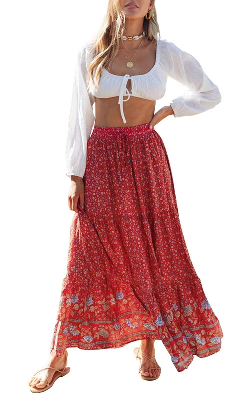 ZESICA Women's 2025 Summer Bohemian Floral Printed Elastic Waist A Line Maxi Skirt with Pockets, Red#2, L
