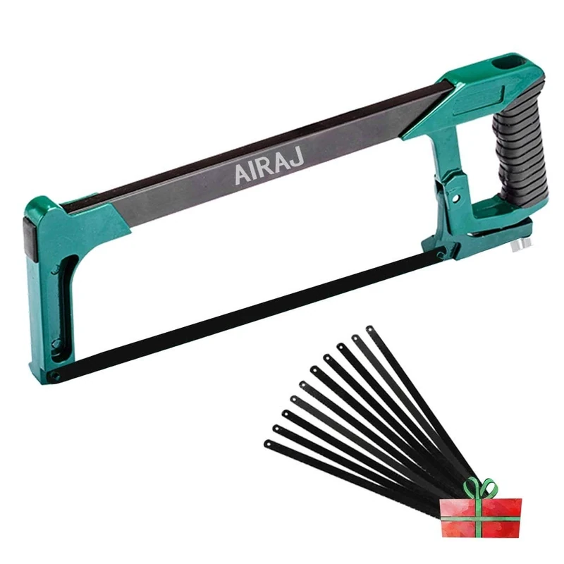 AIRAJ Hacksaw Frame - Metal Saw with 300mm Replacement Blades ×10 - Adjustable Torque High Tension - Heavy Duty Hand Tool, Two Sawing Angles (45°/90°), Household Hacksaw