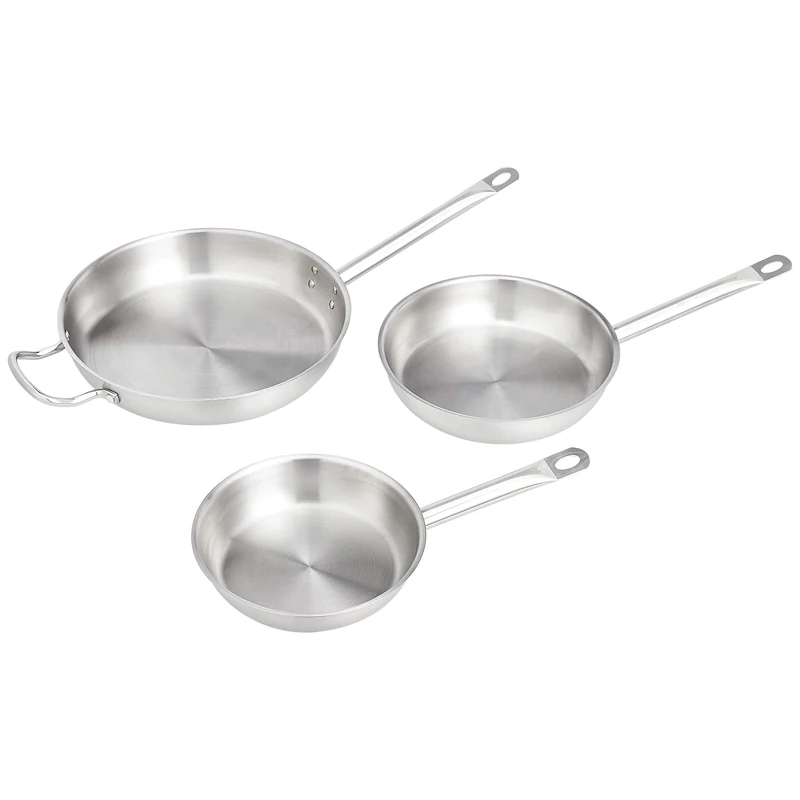 Amazon Basics Set of 3 Stainless Steel Aluminum-Clad Frying Pan Skillet Set, Oven Safe, with 20 cm, 24 cm and 30 cm Pans, Silver