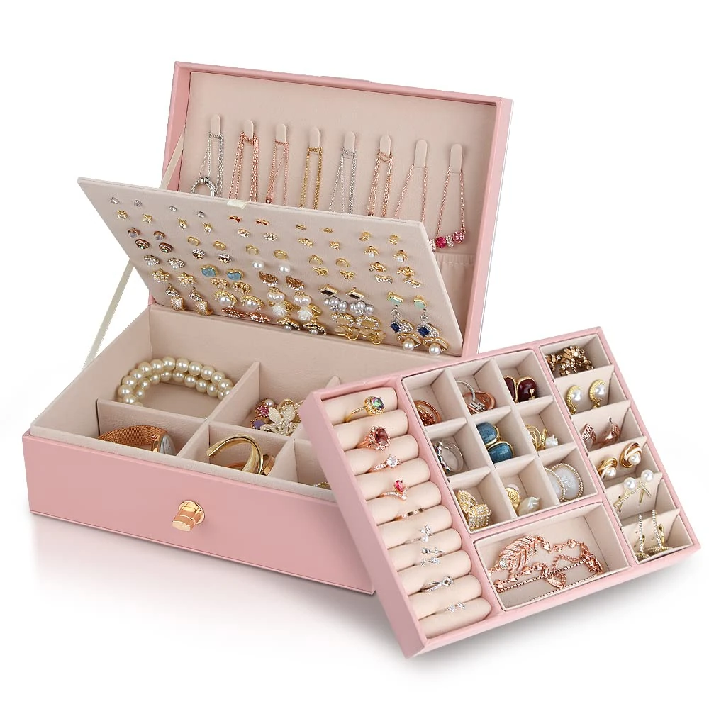 YONZONE Jewellery Box Organiser for Women Girls, 3 Layers Large Jewellery Case Storage with Removable Compartment for Necklace Earrings Rings Bracelets, PU Leather Travel Jewelry Boxes Gift, Pink