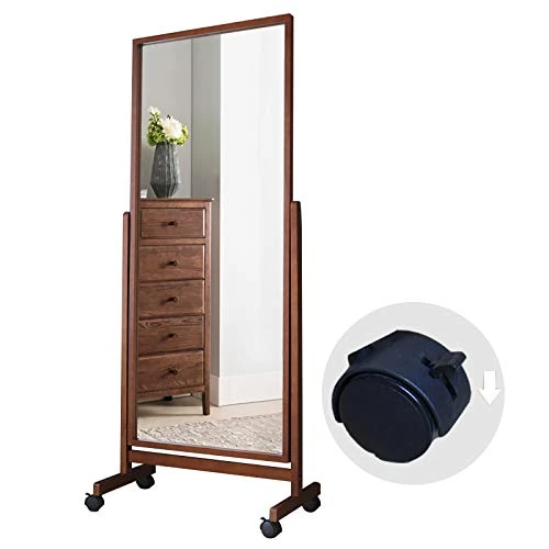AISUNDY Swivel Full Length Mirror on Wheels, Free Standing Wood Frame Cheval Floor Mirror for Dressing, Full Body with Stands, Tilt Angle Adjustable, 65"x22" Brown