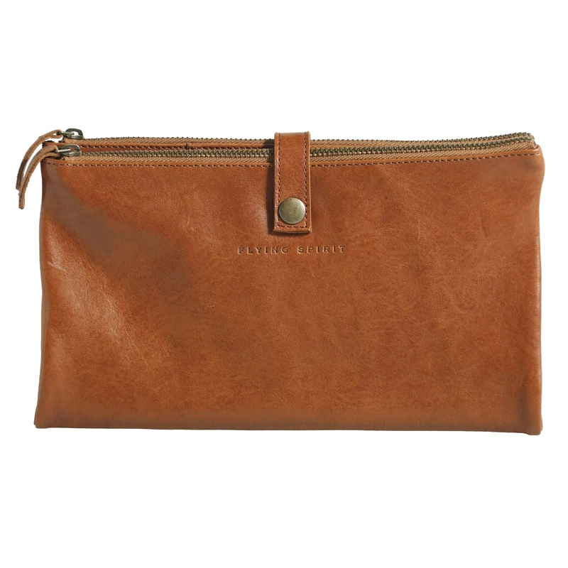 Clairefontaine 930031C - One Flying Spirit Flat Pouch - Compartmentalised Tool Case with Zip Closure - L. 27 x H. 23.6 cm - Genuine Brown Glossy Leather - Image 1