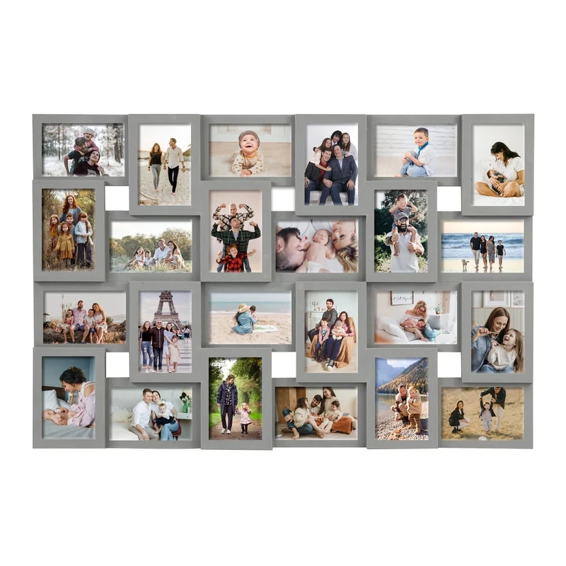 JM-Deco Picture Frames 24 Slots Reunion Friends Family Memory Large Photo Frame Selfie Gallery Puzzle Collage Wall Hanging for 4x6 Photo | Gray