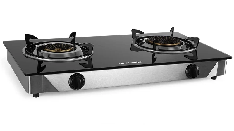 Orbegozo FO 2720 Gas Cooker, 2 Triple-Crown Burners, Butane or Propane Gas, Piezoelectric Ignition, Tempered Glass Surface, Stainless Steel Body, Multicoloured - Image 1