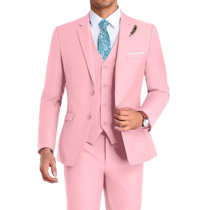 High-End Suits 3 Pieces Men Suit Set Slim Fit Groomsmen/Prom Suit for Men Two Buttons Business Casual Suit, Pink, Large