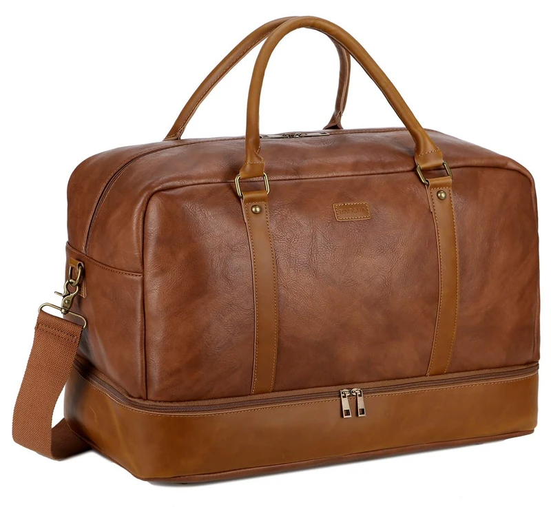 BAOSHA Leather Large Travel Duffel Tote Bag Carry On Weekender Overnight Bag with Shoe Compartment HB-38, Brown, L, Classic
