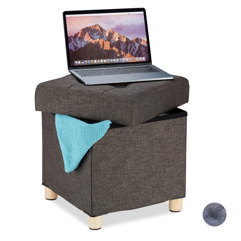 Relaxdays Storage Ottoman, Soft Padding, Quilted, Fabric Cover, Cube Seat, HxWxD: 40 x 38 x 38 cm, Brown