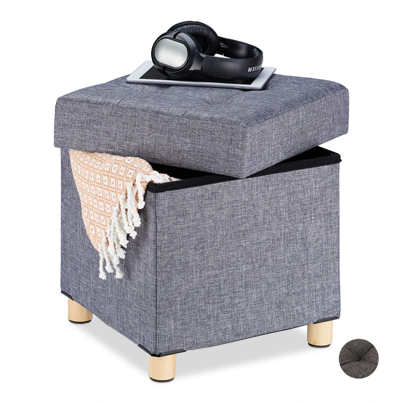 Relaxdays Storage Ottoman, Soft Padding, Quilted, Fabric Cover, Cube Seat, HxWxD: 40 x 38 x 38 cm, Grey