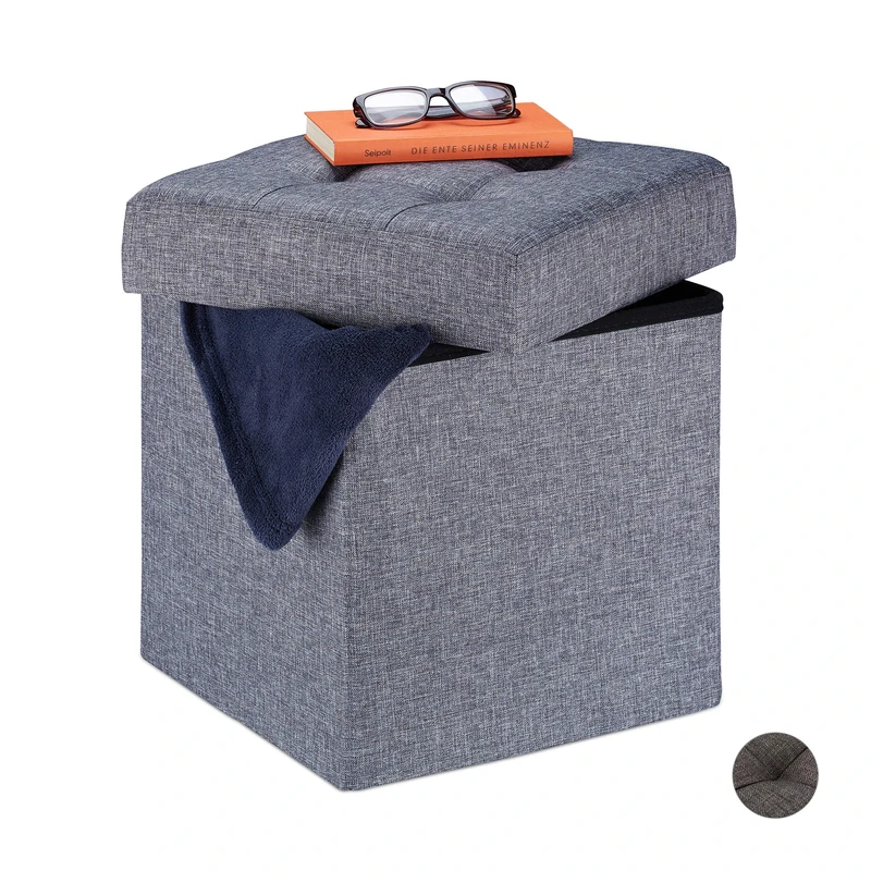 Relaxdays Storage Ottoman, Foldable, Soft Padding, Quilted, Fabric, Cube Seat, HWD 41 x 38 x 38 cm, Grey