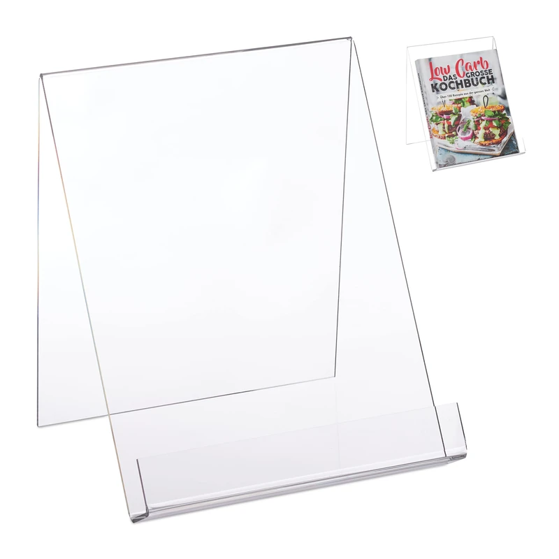 Relaxdays 2X Book Holder A4, Acrylic Display for Displays, Tablets, Sturdy, Reading Stand 24 x 21 x 19 cm, Transparent