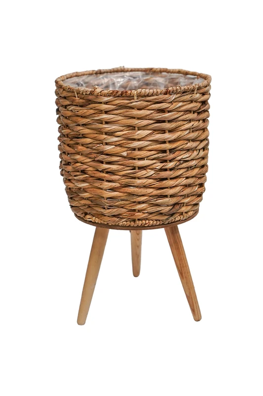 Ivyline Water Hyacinth Lined Basket Planter on Legs - Hand Finished, Stylish & Waterproof - Contemporary Woven Indoor Decor Flower Pot - H45cm x D30cm