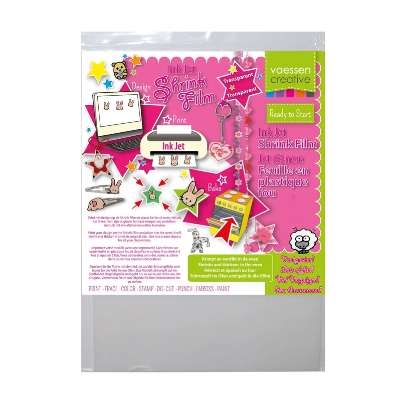 Vaessen Creative Printable Shrink Art Plastic, Transparent, 250 Inkjet Sheets, 21 x 30 cm, Directly Print Custom Designs for Fun Shrinky Arts and Crafts Projects