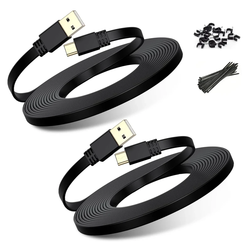 BASESAILOR Micro USB Power Cable 3M/2Pack,Flat Micro USB Charging Power Cord,Charger for Wyze Cam V3,Pan V4,Nest Yi,Blink Mini XT XT2 Outdoor/Indoor 3rd Gen,Zmodo,Furbo Dog,Netvue,Xbox One Controller