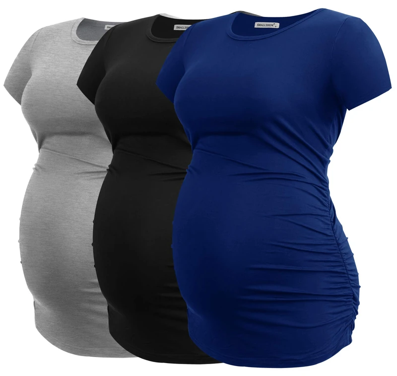Smallshow Women's Maternity Shirt Side Ruched Tunic Pregnancy Top Clothes 3-Pack, Black/Light Grey/Navy, Small