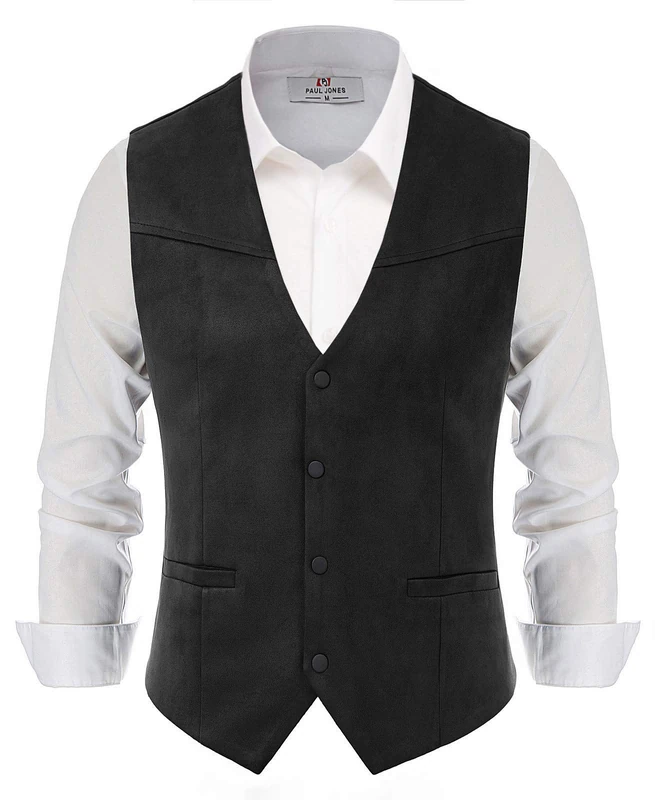 Paul Jones Men's Faux Suede Vest Casual Western V-Neck Snap Button Waistcoat - Black - Large