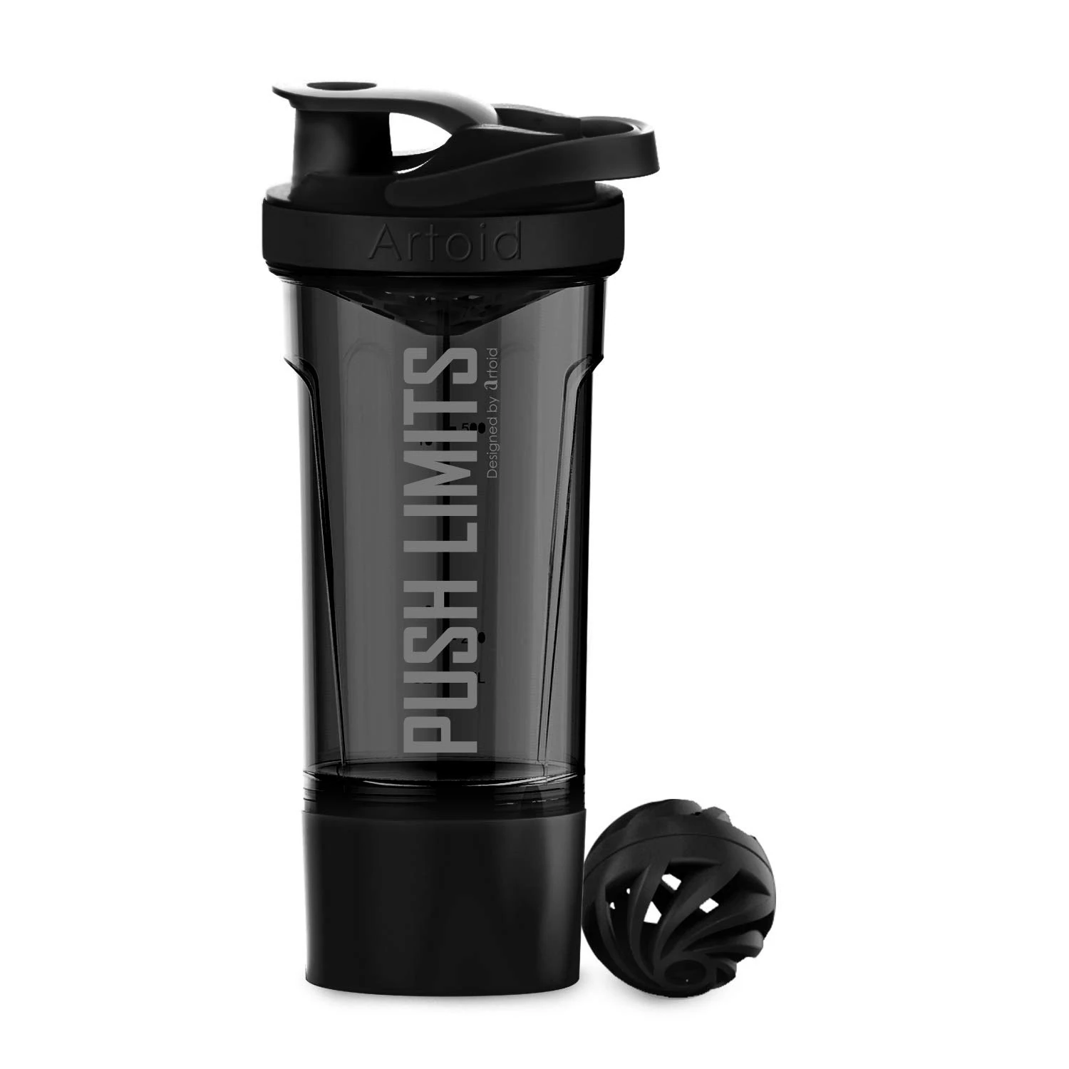 Artoid Mode 720ml Sports Fitness Workout Protein Shaker Bottle Black Grey with Twist and Lock Protein Box Storage, Dual Mixing Technology with Shaker Balls & Mixing Grids - BPA Free