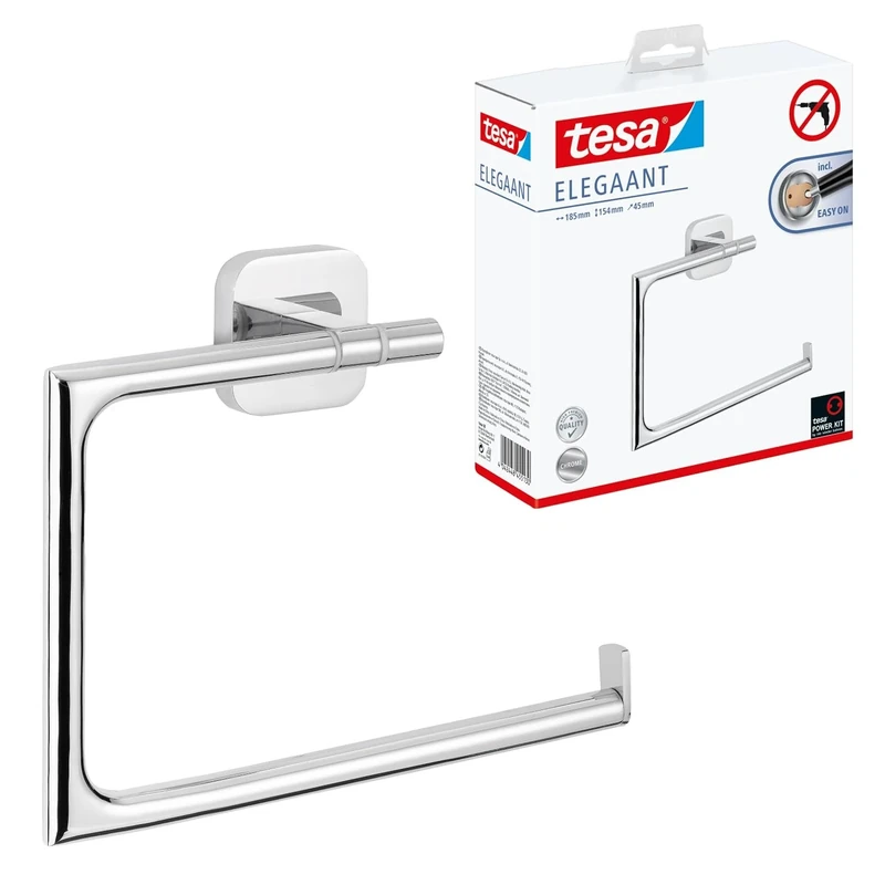 tesa ELEGAANT Towel Ring - Self-Adhesive Hand Towel Ring in Stainless-Steel Design - Wall-Mounted Towel Holder - waterproof, incl. Power.Kit Adhesive Solution - 154 mm x 185 mm x 45 mm