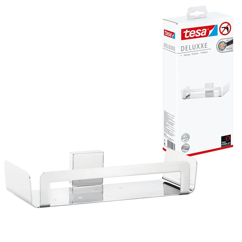 tesa DELUXXE shower basket, self-adhesive, high-gloss chromed metal, modern design, guaranteed stainless, 55mm x 265mm x 120mm