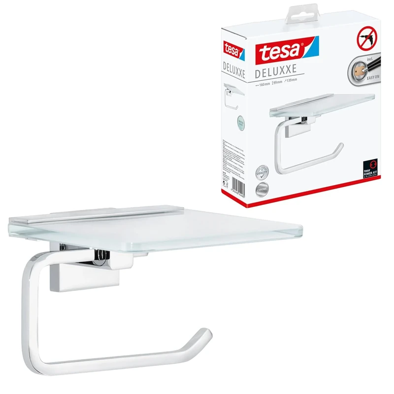 tesa DELUXXE toilet roll holder with shelf, self-adhesive, high-gloss chromed metal, exquisite design, guaranteed stainless, 99mm x 160mm x 139mm