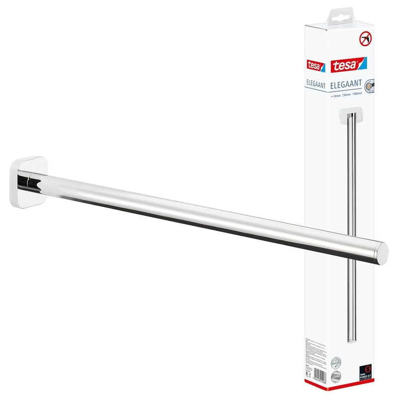 tesa ELEGAANT Towel Holder - Wall-Mounted, One-Arm Towel Holder in Stainless-Steel Design - Single Hand Towel Rail - Waterproof, incl. Power.Kit Adhesive Solution - 400 mm x 50 mm x 50 mm