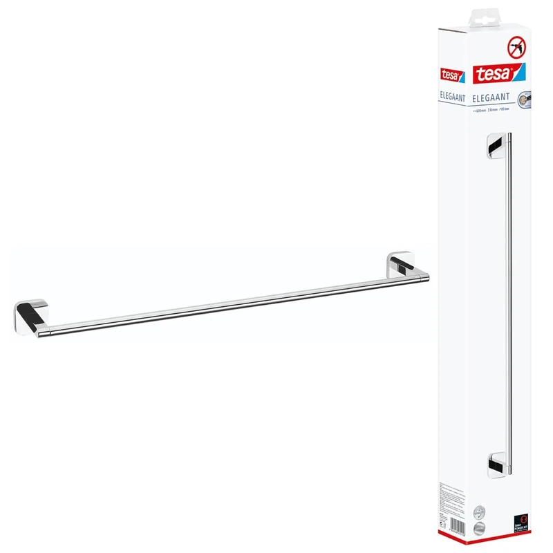 tesa ELEGAANT Single Towel Rail - Self-Adhesive Towel Bar in Stainless-Steel Design - Wall-Mounted Towel Holder - Waterproof, incl. Power.Kit Adhesive Solution - 50mm x 630mm x 85mm