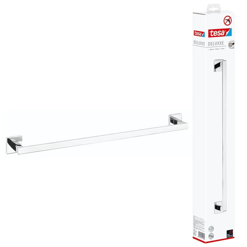 tesa DELUXXE Single Towel Rail - Self-Adhesive Towel Bar in Stainless-Steel Design - Wall-Mounted Towel Holder - Waterproof, incl. Power.Kit Adhesive Solution - 50mm x 630mm x 73mm