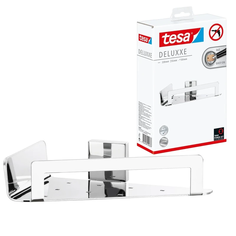 tesa DELUXXE corner basket, self-adhesive, high-gloss chromed metal, exquisite design, guaranteed stainless, 55mm x 220mm x 150mm