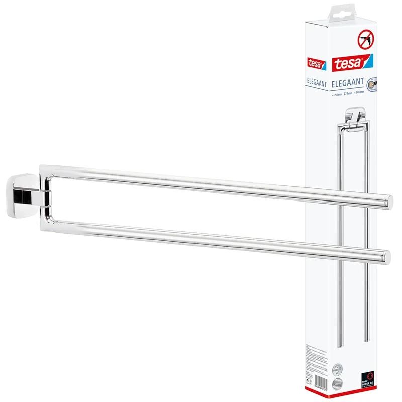 tesa ELEGAANT Double Towel Holder - Wall-Mounted, Stainless-Steel Towel Holder with Two Swivel Arms - waterproof, incl. Power.Kit Adhesive Solution - 50mm x 72mm x 450mm