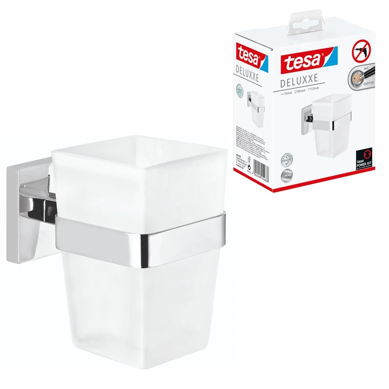 tesa DELUXXE Toothbrush Holder - Self-Adhesive, Stainless-Steel Tooth Brush Holder with Frosted Glass Cup - Waterproof, incl. Power.Kit Adhesive Solution - 100mm x 70mm x 113mm - Image 1