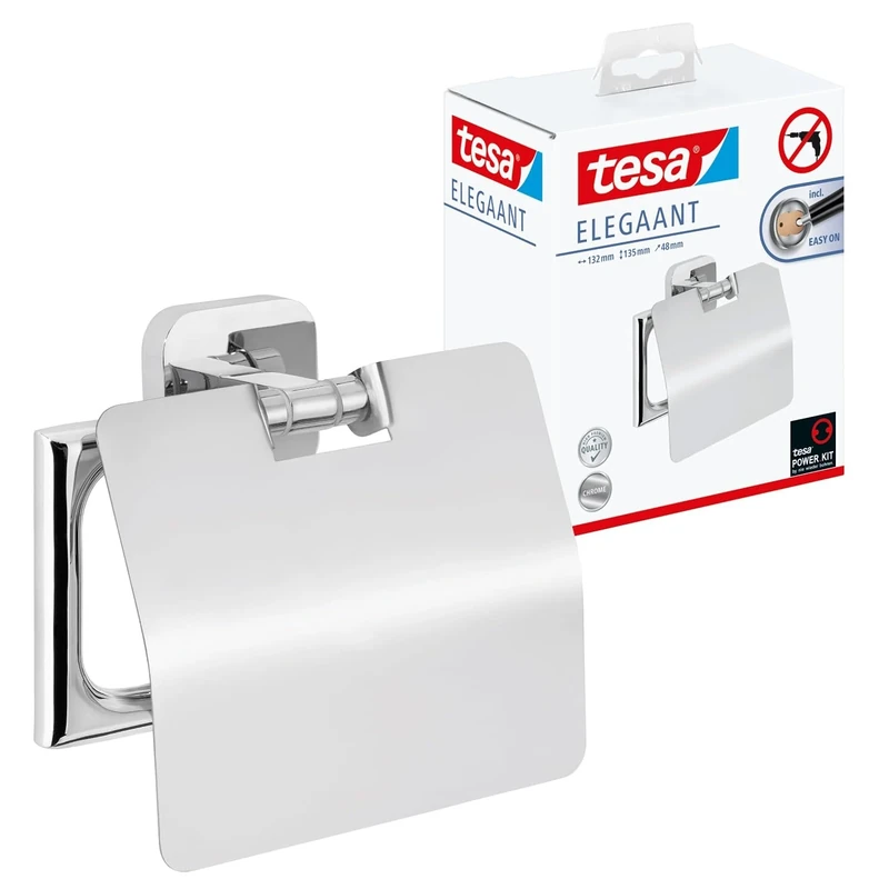 tesa ELEGAANT Toilet Roll Holder with Lid - Wall-Mounted Toilet Paper Holder with Power.Kit Technology in Stainless-Steel Design - Waterproof, incl. Adhesive Solution - 135mm x 132mm x 48mm