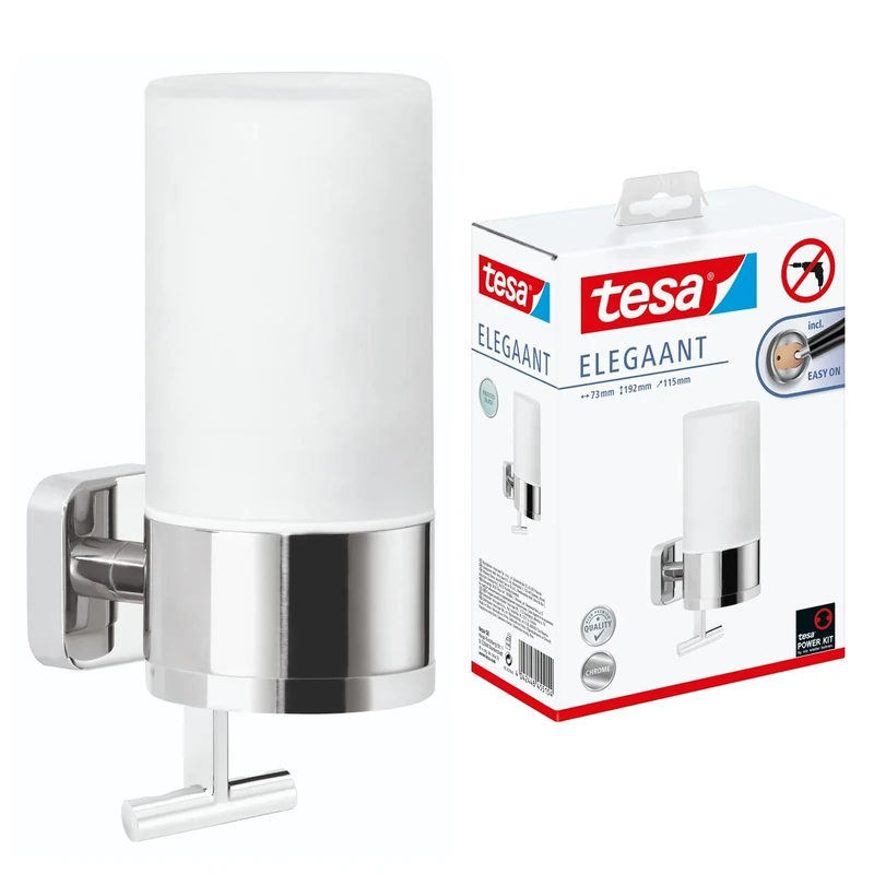 tesa ELEGAANT Soap Dispenser 230 ml - Self-Adhesive Hand Soap Dispenser in White Frosted-Glass Design with Pull Function - Waterproof, incl. Power.Kit Adhesive Solution - 192mm x 73mm x 115mm