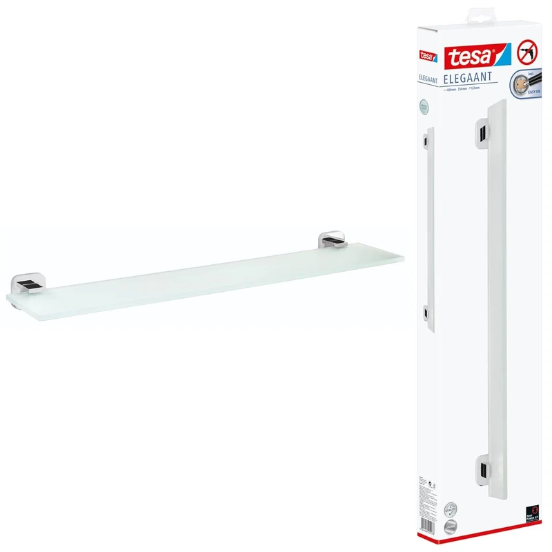 tesa ELEGAANT Glass Shelf - Self-Adhesive Frosted Glass Shelf for Bathroom Utensils - Waterproof, incl. Power.Kit Adhesive Solution - 50 mm x 600 mm x 123 mm