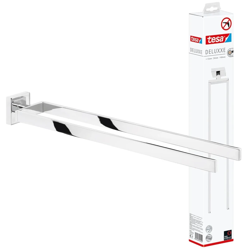 tesa DELUXXE Double Towel Holder - Wall-Mounted, Stainless-Steel Towel Holder with Two Swivel Arms - waterproof, incl. Power.Kit Adhesive Solution - 50mm x 72mm x 450mm