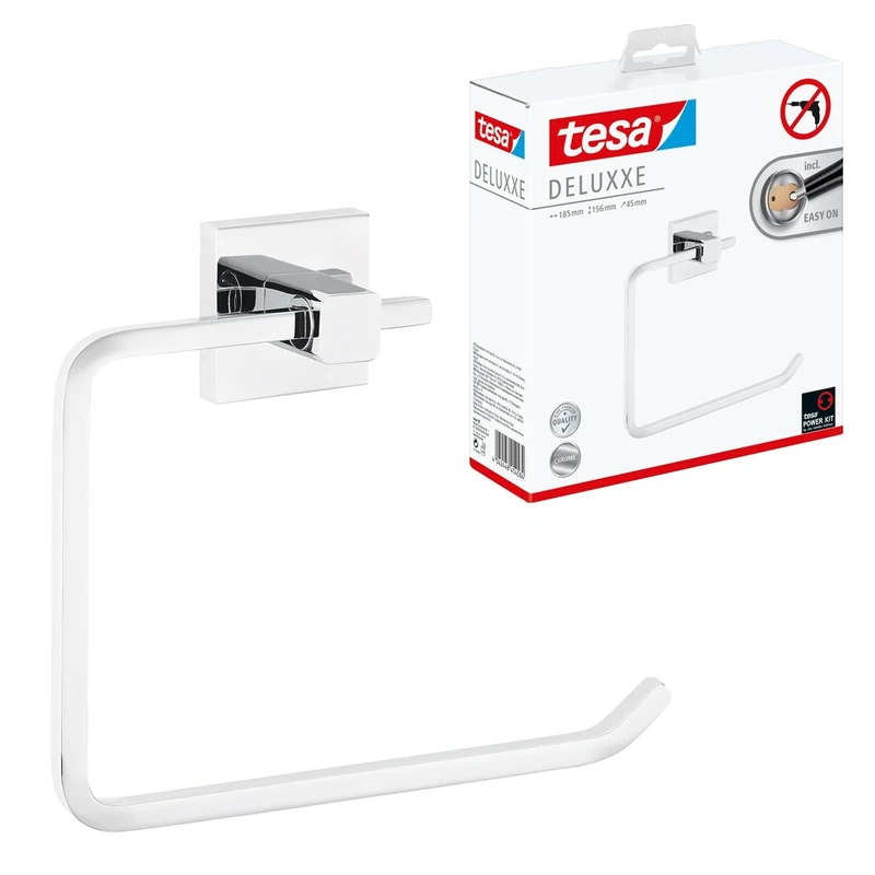 tesa DELUXXE Towel Ring - Self-Adhesive Hand Towel Ring in Stainless-Steel Design - Wall-Mounted Towel Holder - waterproof, incl. Power.Kit Adhesive Solution - 154 mm x 185 mm x 45 mm