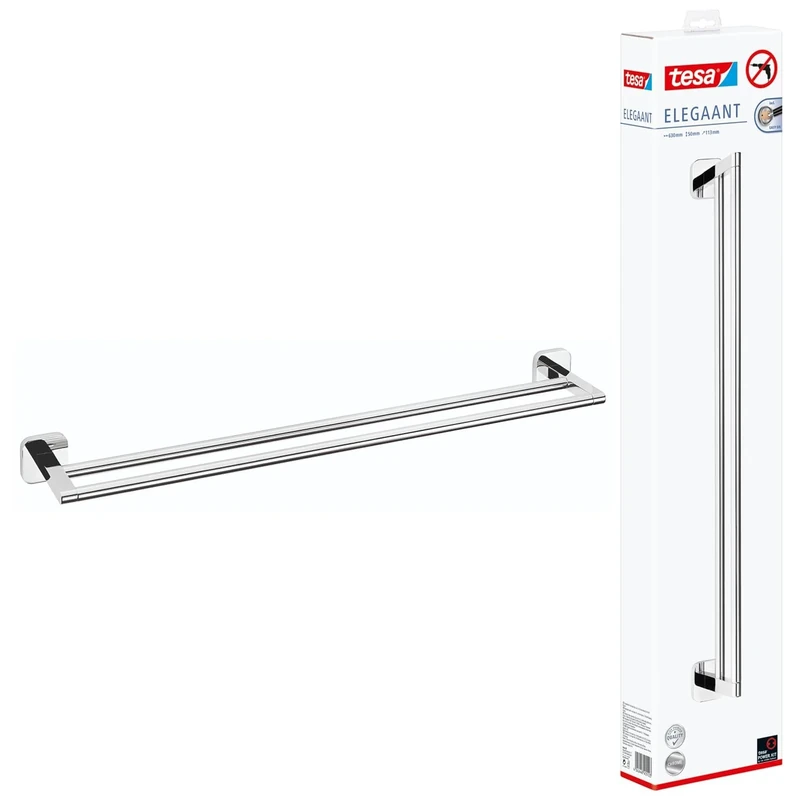tesa ELEGAANT Double Towel Rail - Self-Adhesive Towel Bar in Stainless-Steel Design - Wall-Mounted Dual Towel Holder - Waterproof, incl. Power.Kit Adhesive Solution - 50mm x 630mm x 113mm