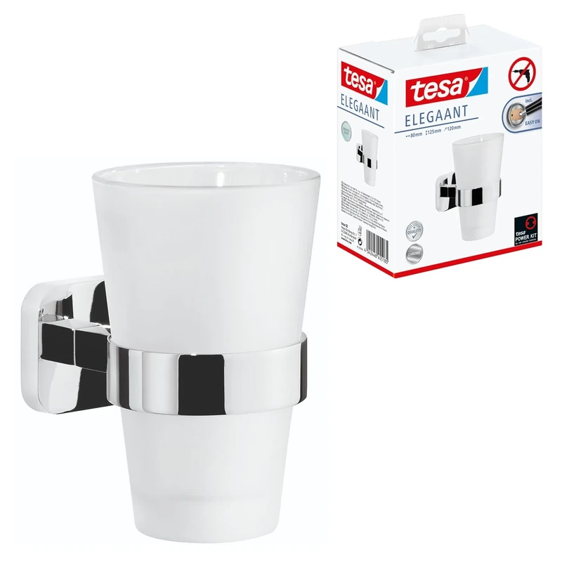 tesa ELEGAANT Toothbrush Holder - Self-Adhesive, Stainless-Steel Tooth Brush Holder with Frosted Glass Cup - Waterproof, incl. Power.Kit Adhesive Solution - 125mm x 80mm x 120mm