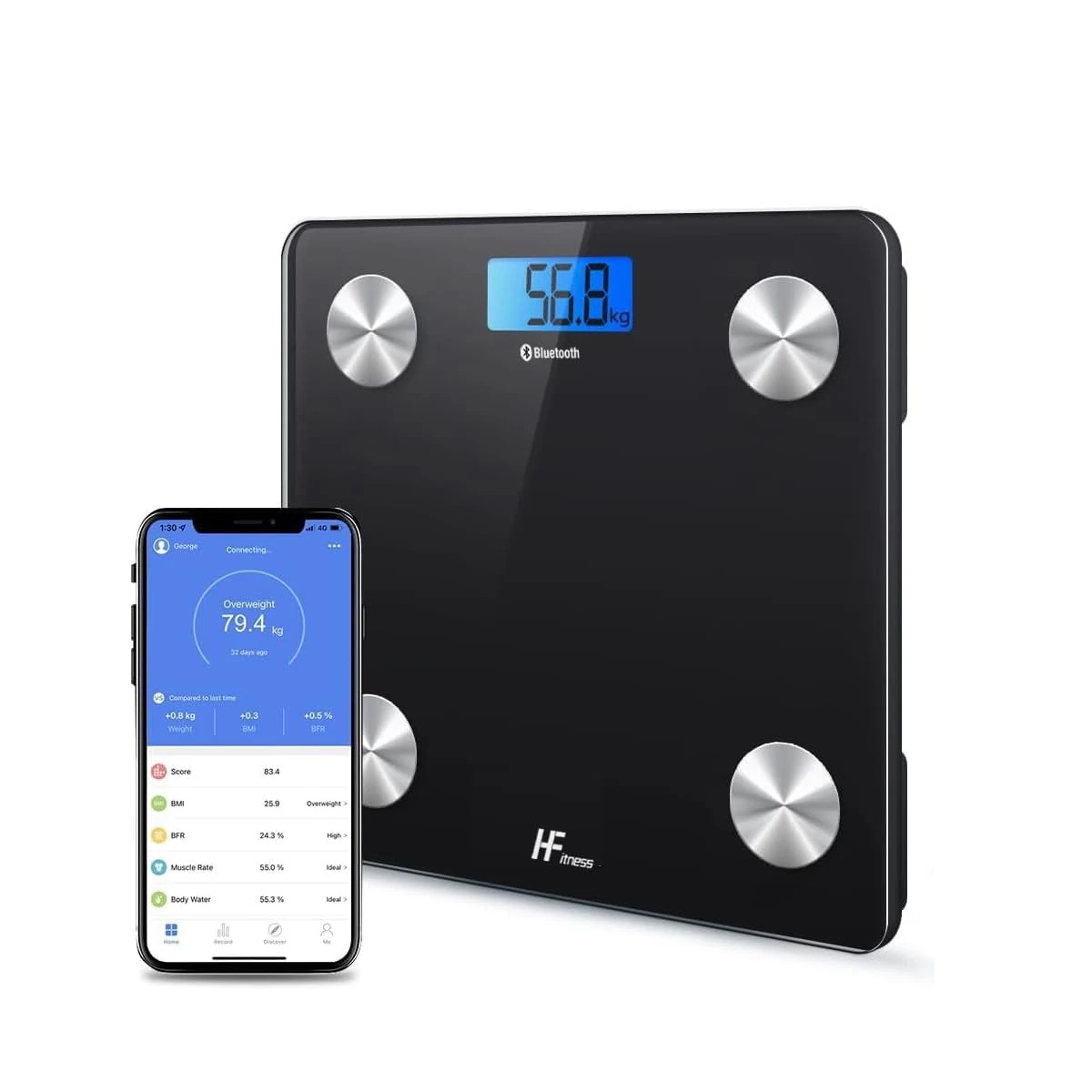 HomeFashion HFitness 19x Body Composition Indices 28x28cm Platform Smart Scale Bathroom Scales for Body Weight Body Fat Monitor BMI Muscle Mass Bone iOS Android App Bluetooth Wireless