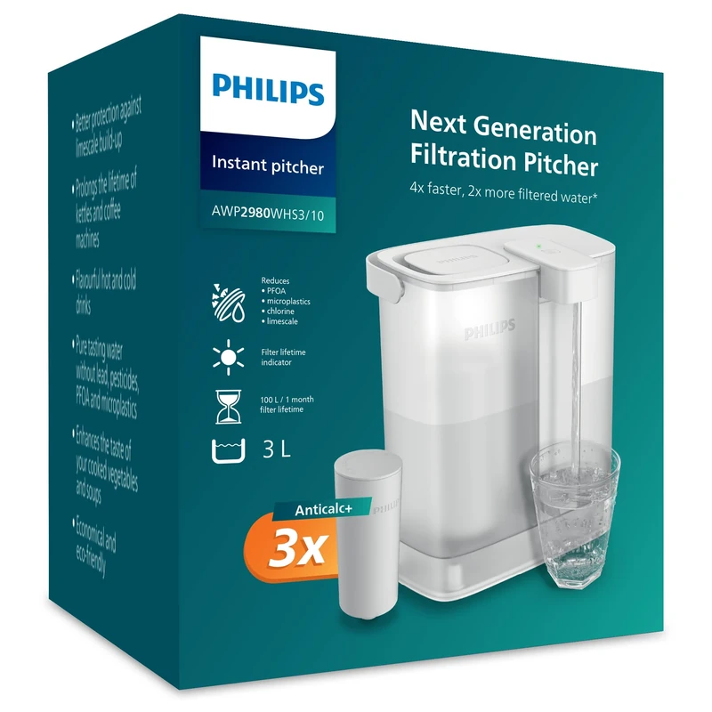 Philips Water Instant Filter Pitcher (3L) – 3x Anticalc + Filter – Reduces Limescale & Chlorine, improves taste of hot drinks